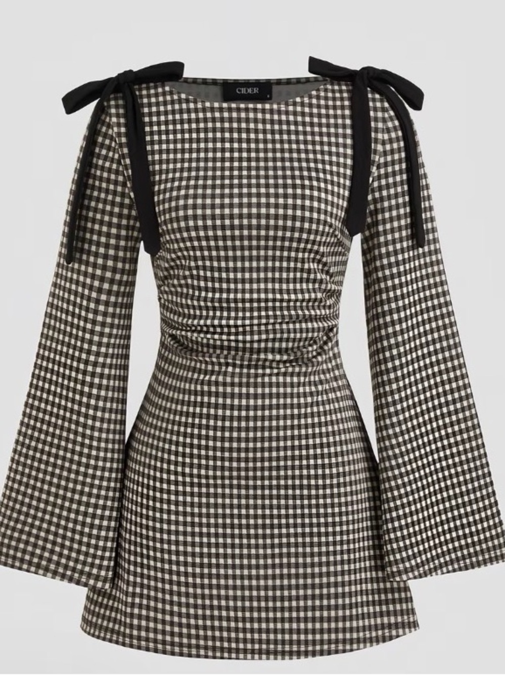 Cider Black & White Gingham Tie-Shoulder Long Sleeve Mini Dress